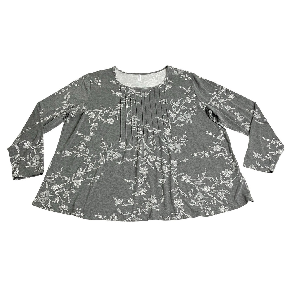 Taohuadao Floral Pintuck Pleat Top Womens 3XL Gray Long Sleeve Stretch Blouse